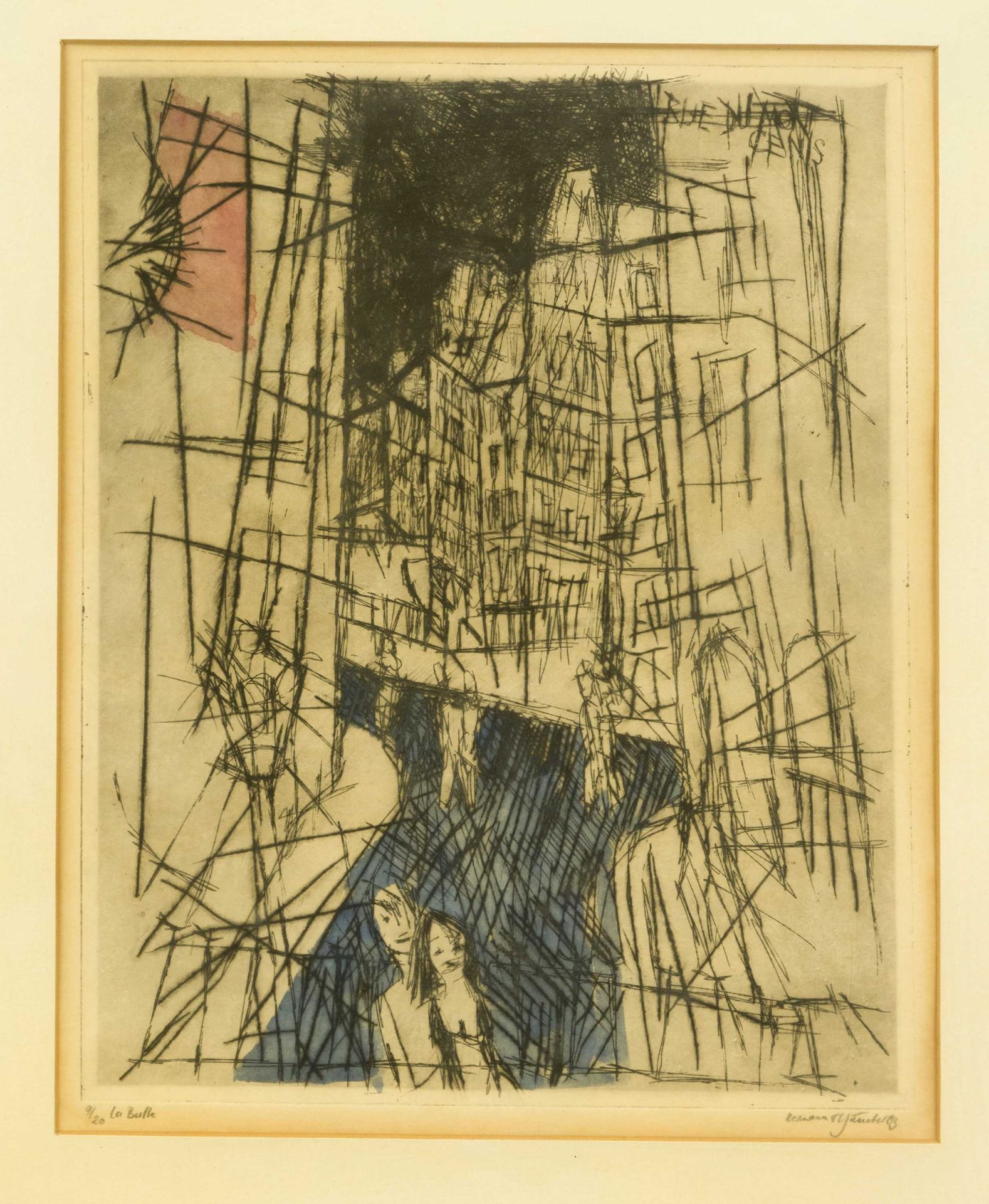 French Expressionist 2nd half 20th century, ''La Balle - Rue du Mont Cenis'', color etching,