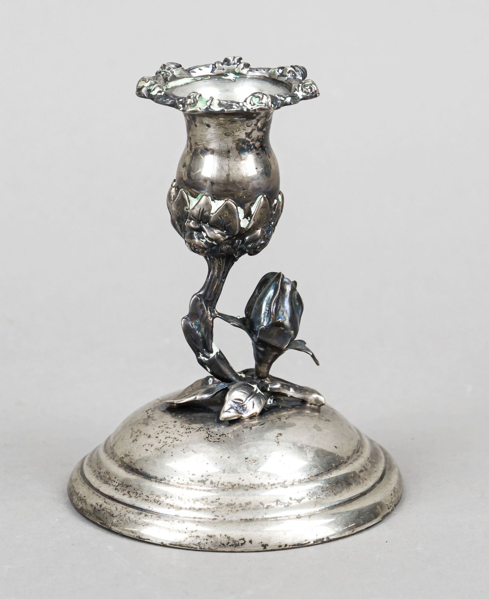 Floral candlestick, 20th century, silver 800/000, round, domed stand, candlestick in the shape of