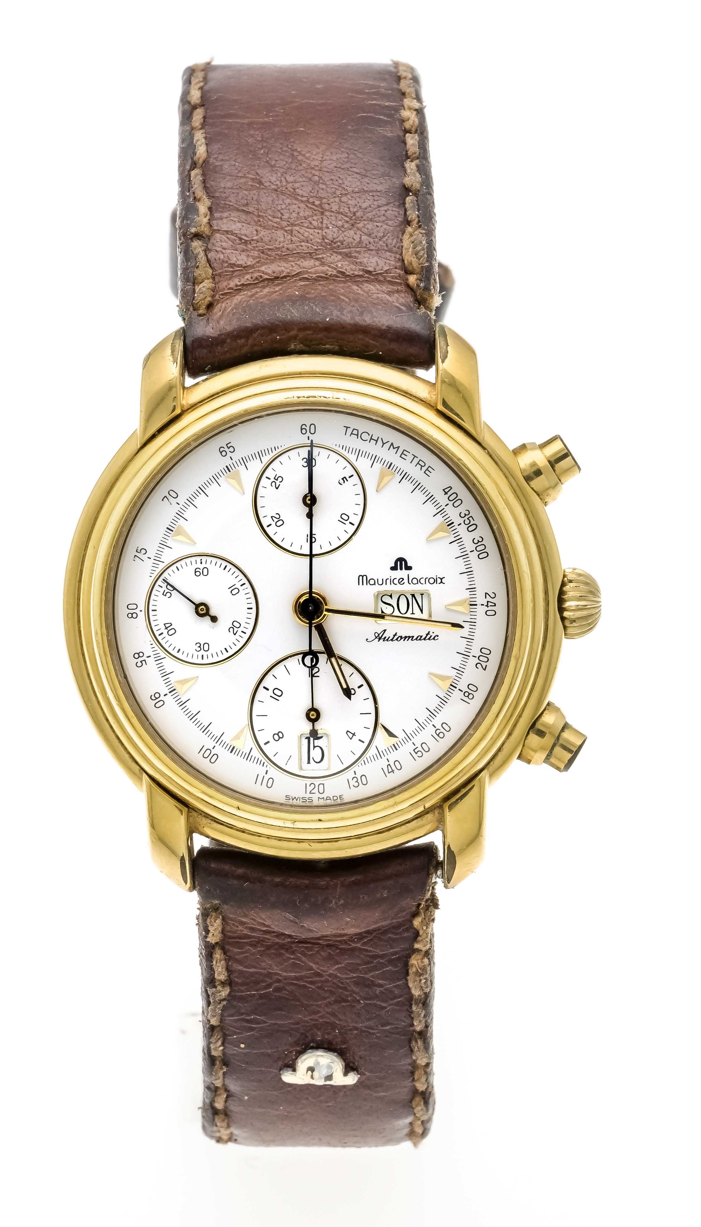 Maurice Lacroix men's watch automatic, chronograph, display of day and day of the week, gold-plated,