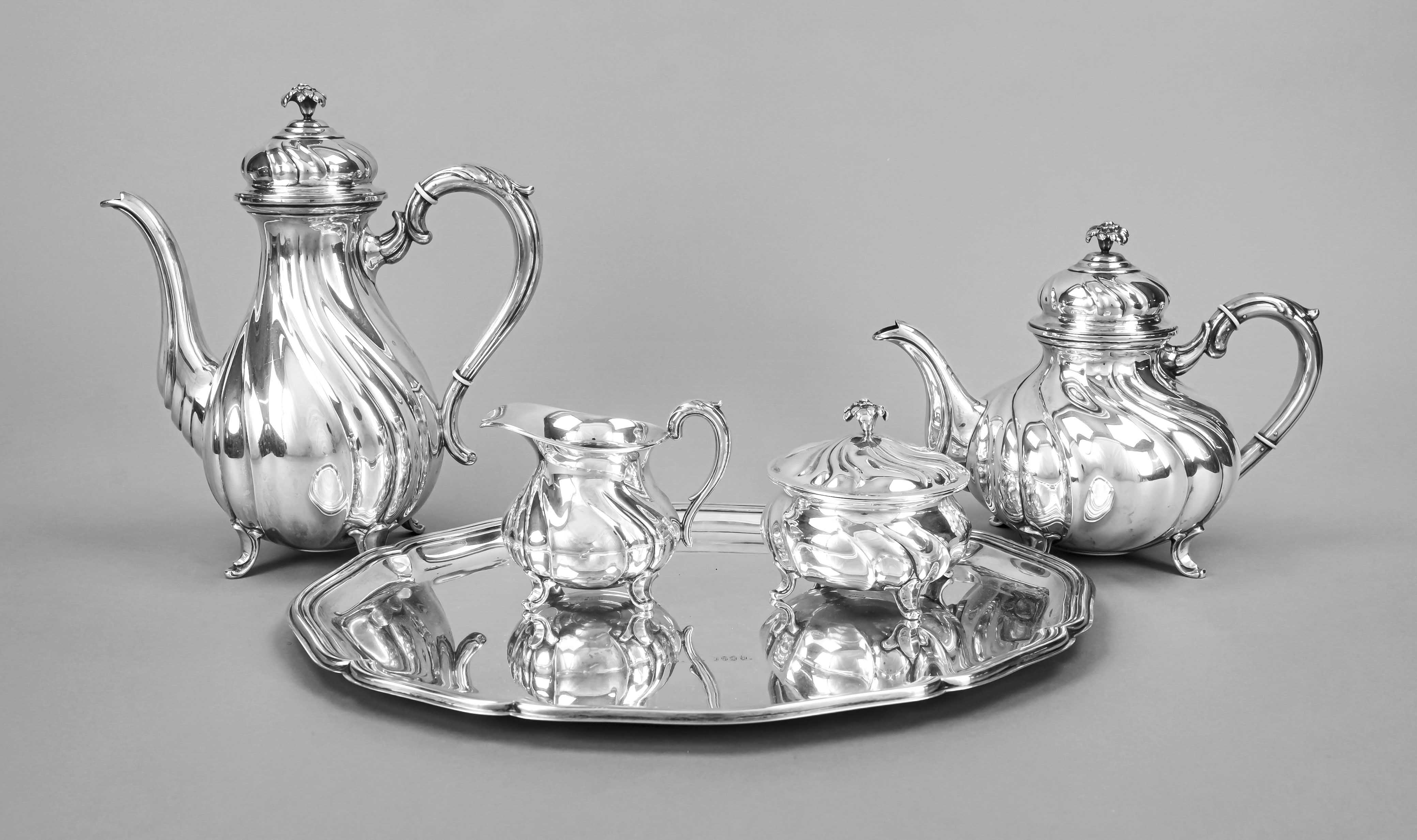 A four-piece coffee and tea centerpiece on tray, German, 20th century, maker's mark M. H.