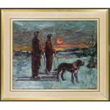 Unidentified artist 1st half of the 20th century, Winter landscape in the sunset with a couple on