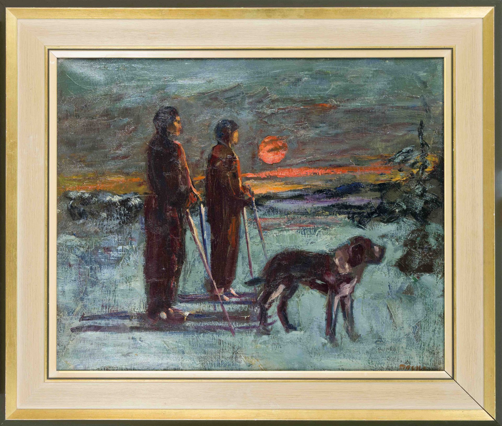 Unidentified artist 1st half of the 20th century, Winter landscape in the sunset with a couple on