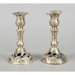 Pair of candlesticks, German, 20th century, silver 800/000, round domed and pierced stand,