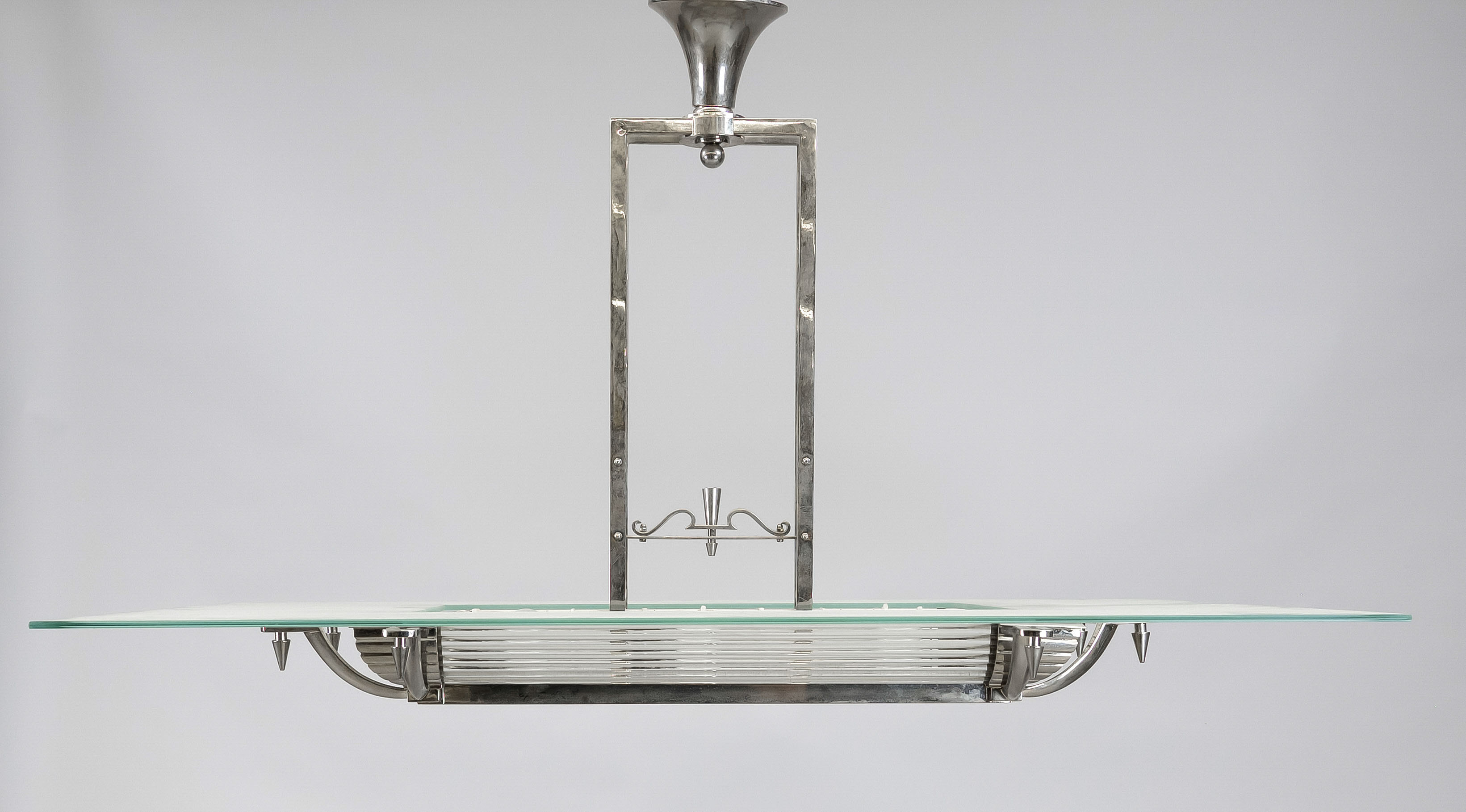 Large Art Deco style ceiling lamp, 20th century Chrome-plated frame with horizontal glass rods. - Image 2 of 2