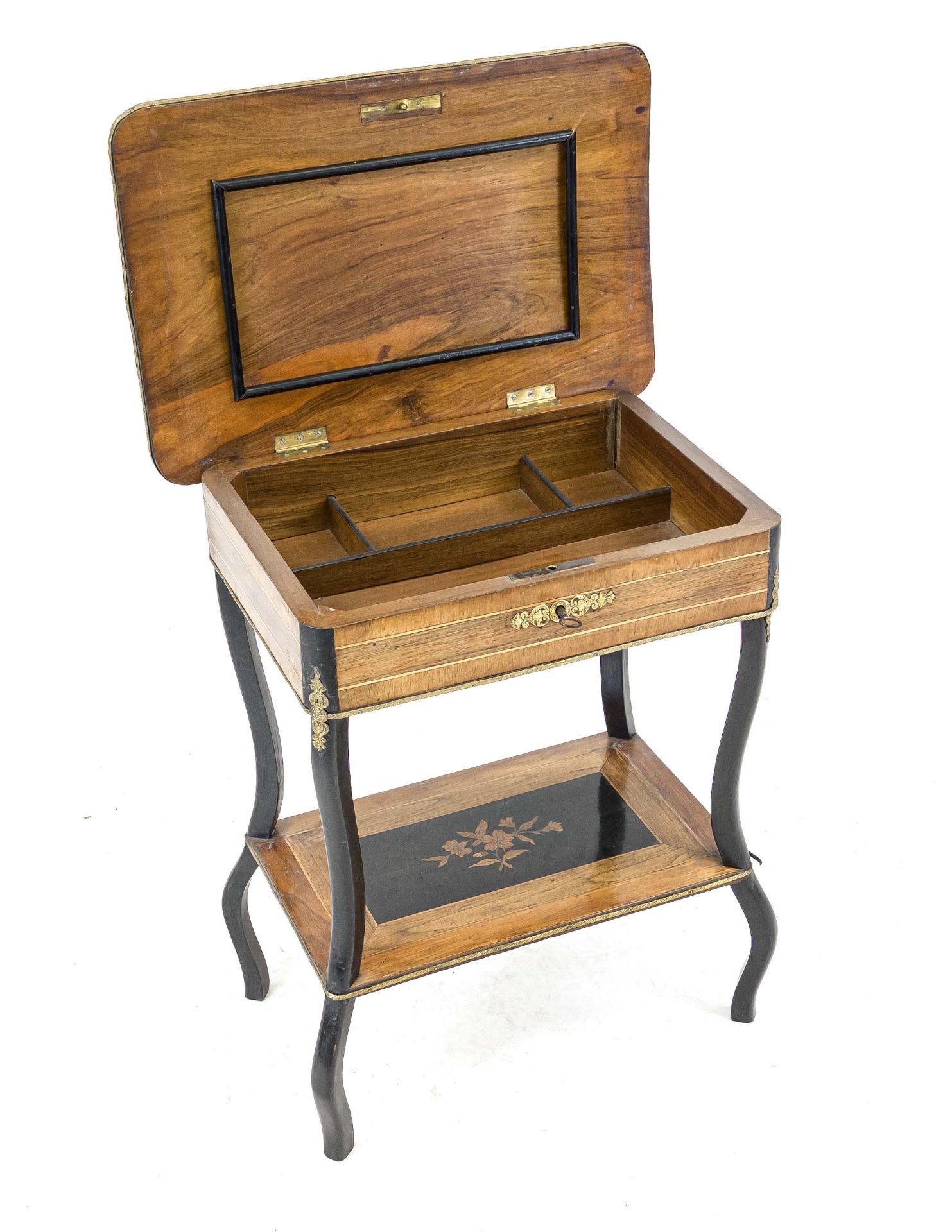 Handicraft/sewing table, 19th century, walnut and other precious woods veneered and inlaid, curved - Image 2 of 2