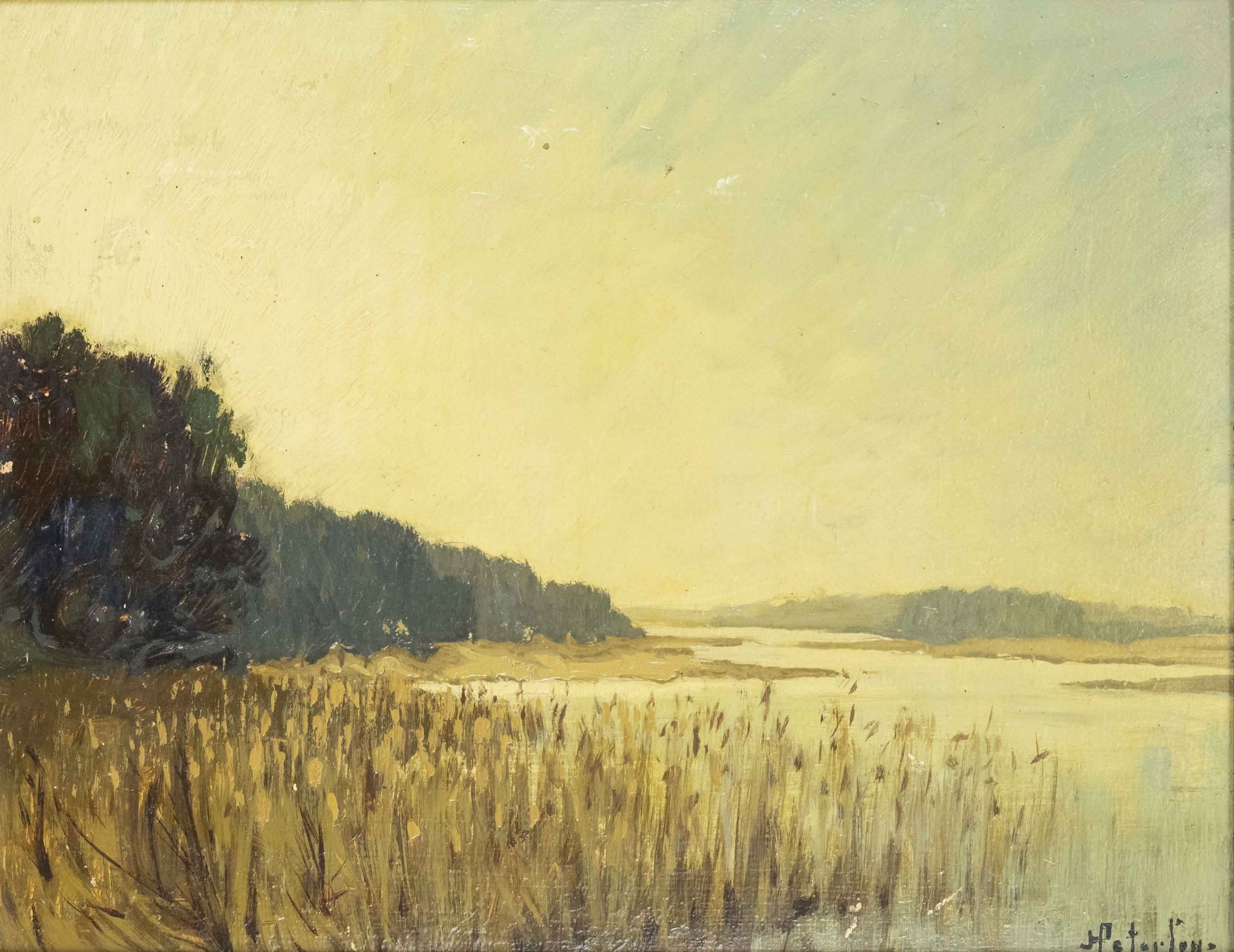 Heinrich Petersen (1881-1955), Schleswig-Holstein landscape painter, Water landscape, oil on card,