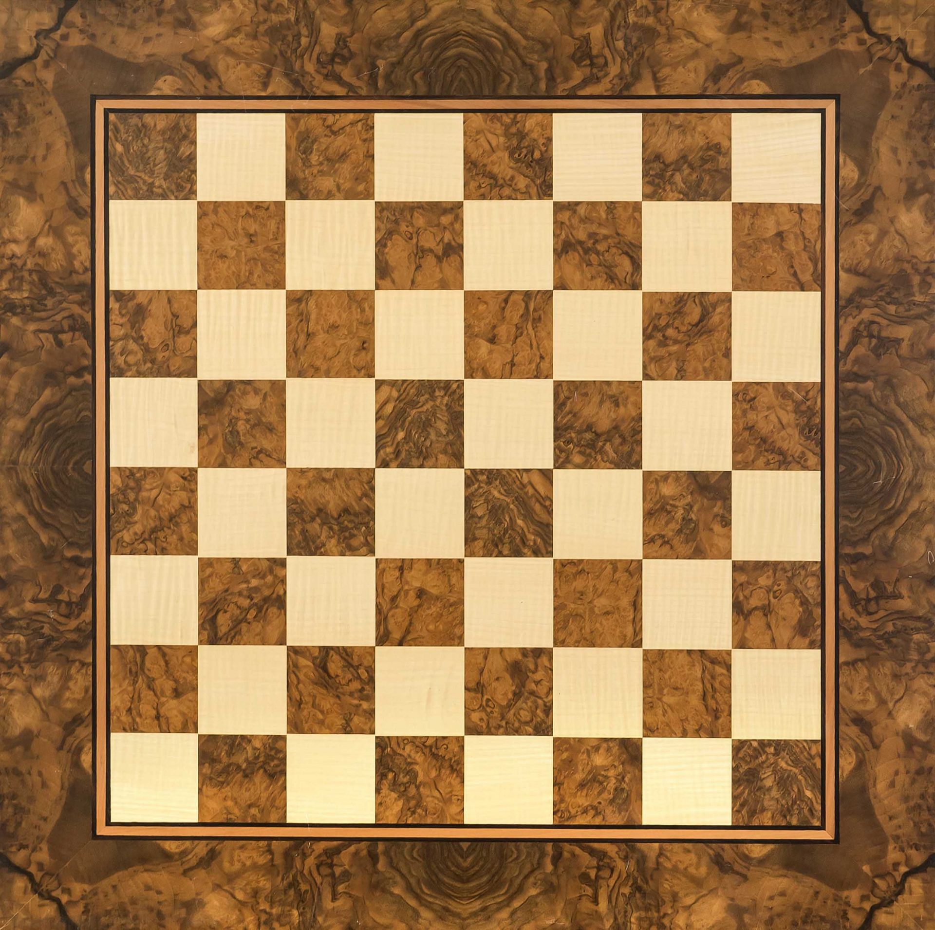 Large chessboard, probably Germany 20th century, fine veneer work of burl and birch wood. Signed