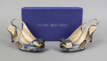 Stuart Weitzmann, high heel peep-toes, shiny leather in reptile look in various shades of blue,