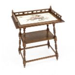 Tray table, c. 1880, oak, turned conical frame, top with gallery and inset ceramic plate, this