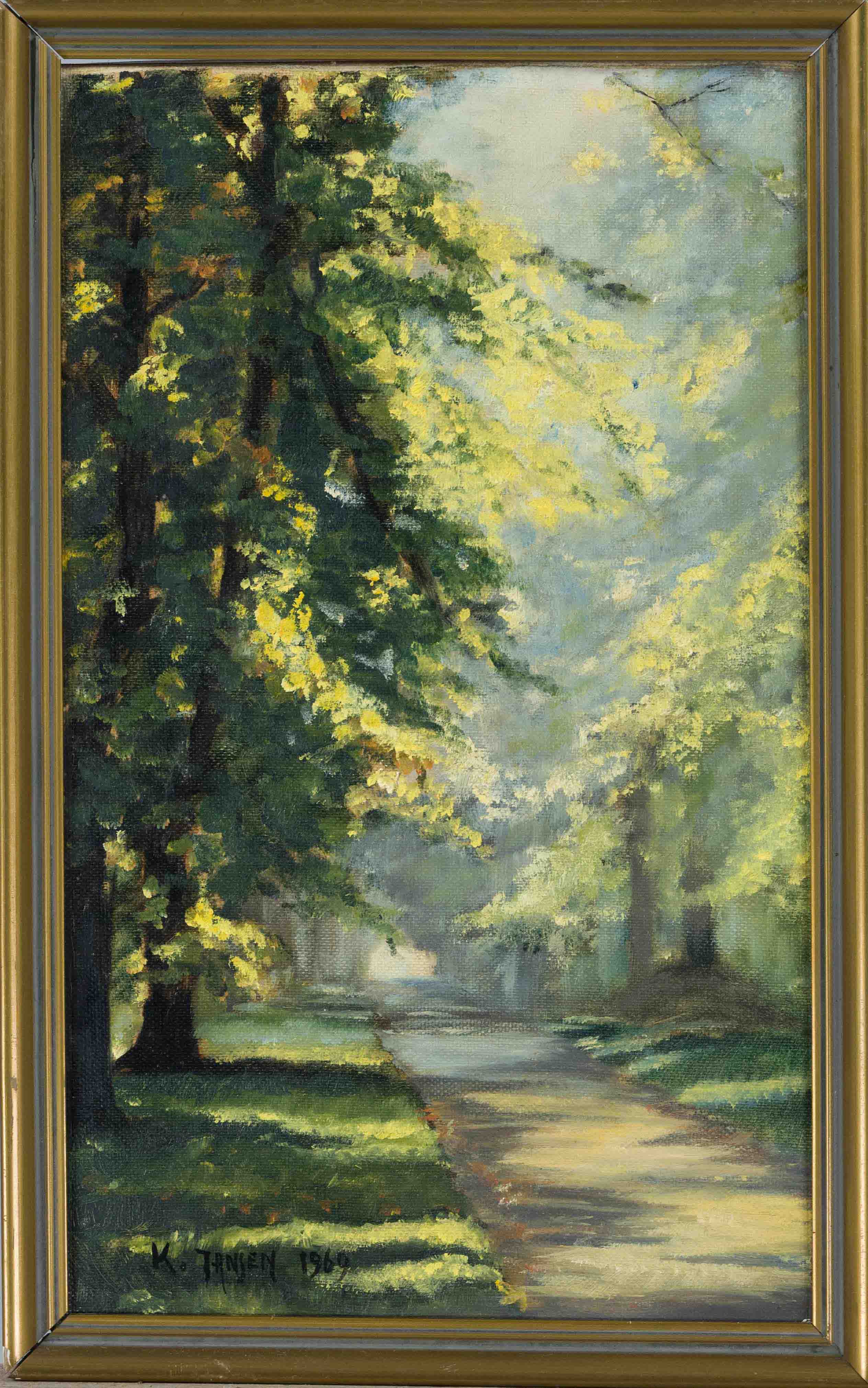 K. Jansen, 2nd half 20th century, sunlit park landscape, oil on canvas, signed and dated lower