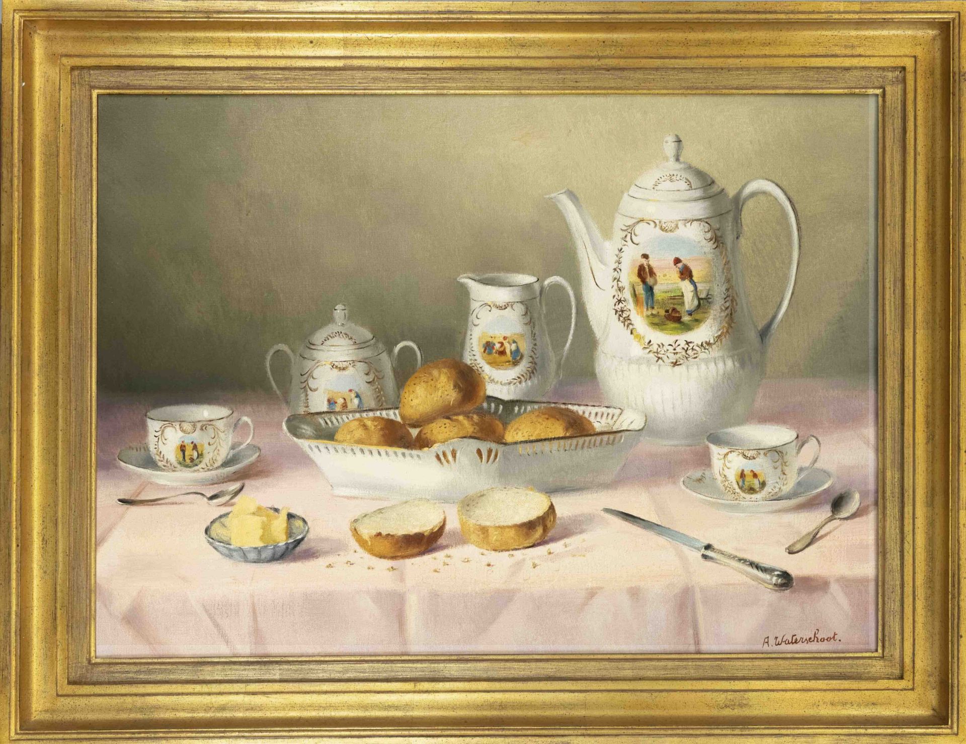 Alfons Waterschoot (*1931), Breakfast Still Life with Bread Rolls and Service, oil on canvas, signed