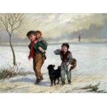 F. Backvis, 1st half of the 20th century, Winter painting with returning children and dog, oil/