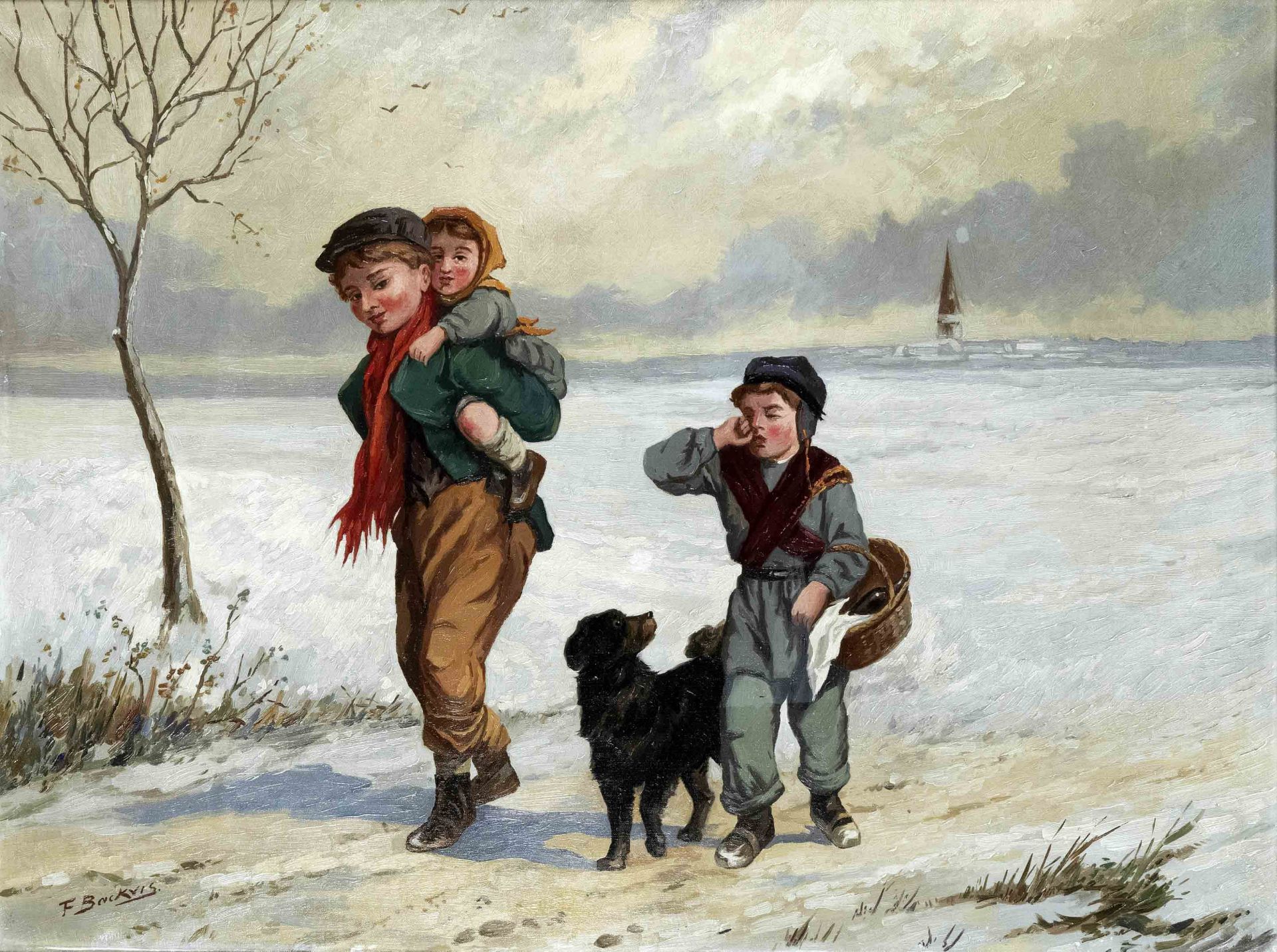 F. Backvis, 1st half of the 20th century, Winter painting with returning children and dog, oil/