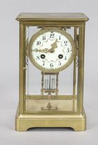 Gilt brass table clock, France circa 1900, faceted glass on all sides, free hanging movement with