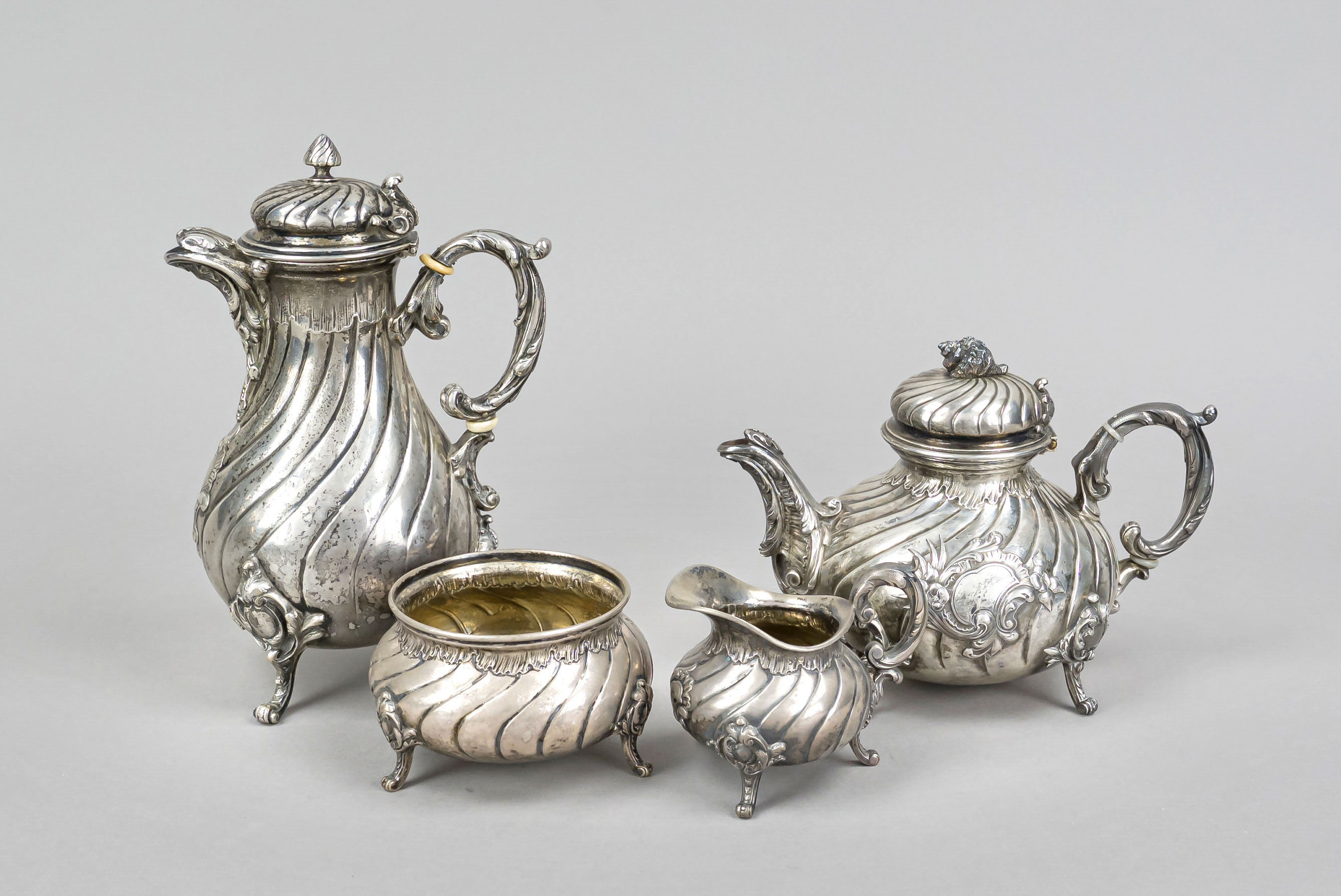 Three-piece tea set, German, early. 20th century, Master's mark M. H. Wilkens & Söhne, Bremen-