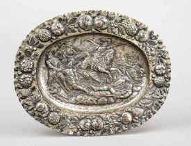 Oval decorative tray, late 19th century, plated, hollowed form, wall with rich relief decoration,