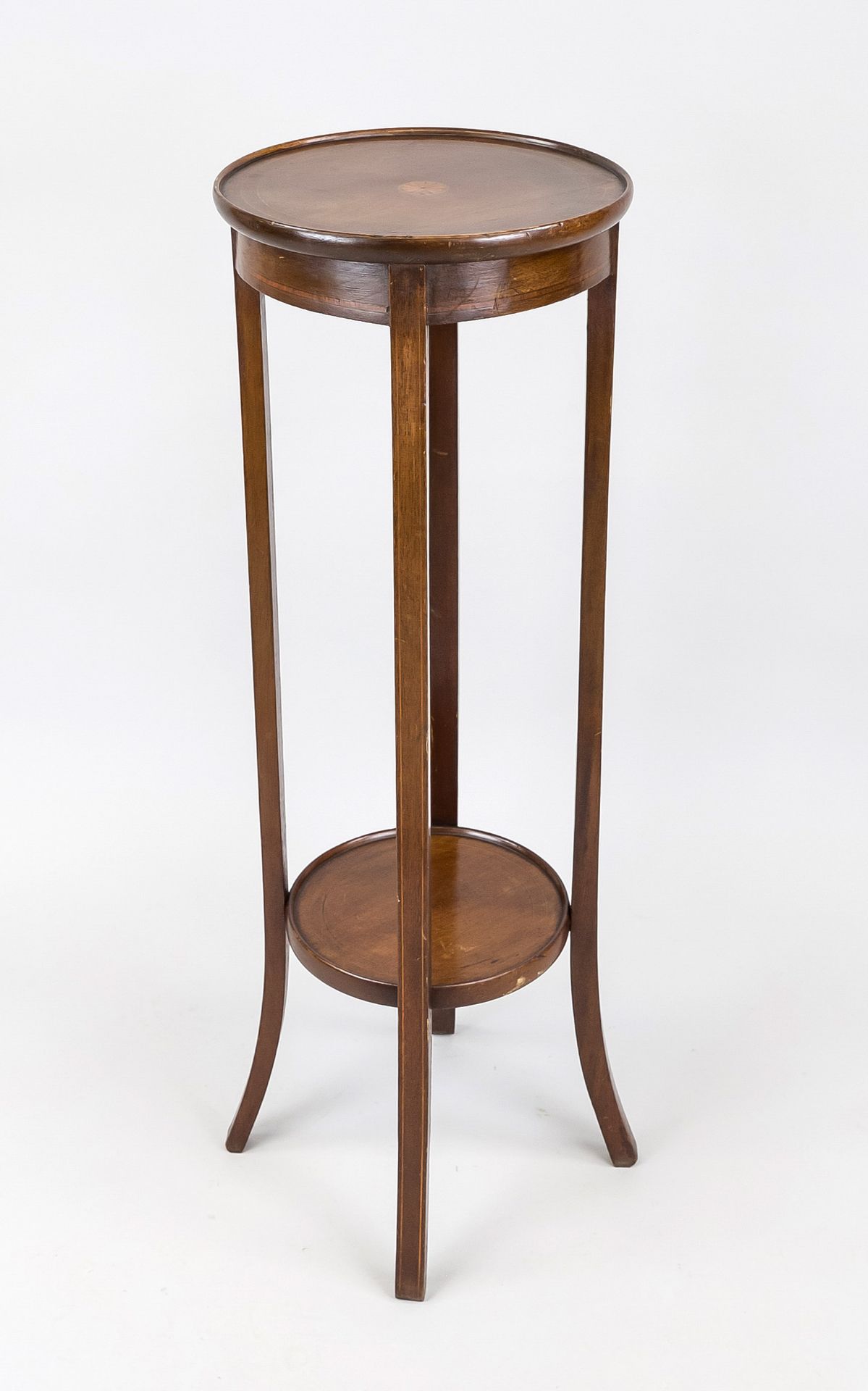 Flower etagere, early 20th century, mahogany. 2 tiers with inlaid band and blossom, slightly rubbed,