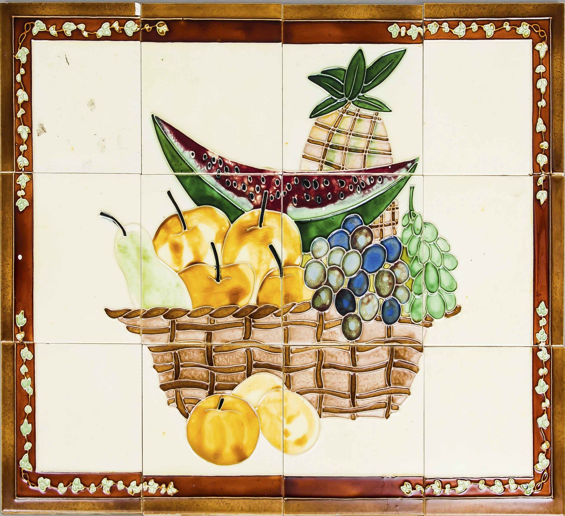 Tile painting Fruit still life, 20th century, made of 12 tiles, polychrome painted, each 15 x 15 cm
