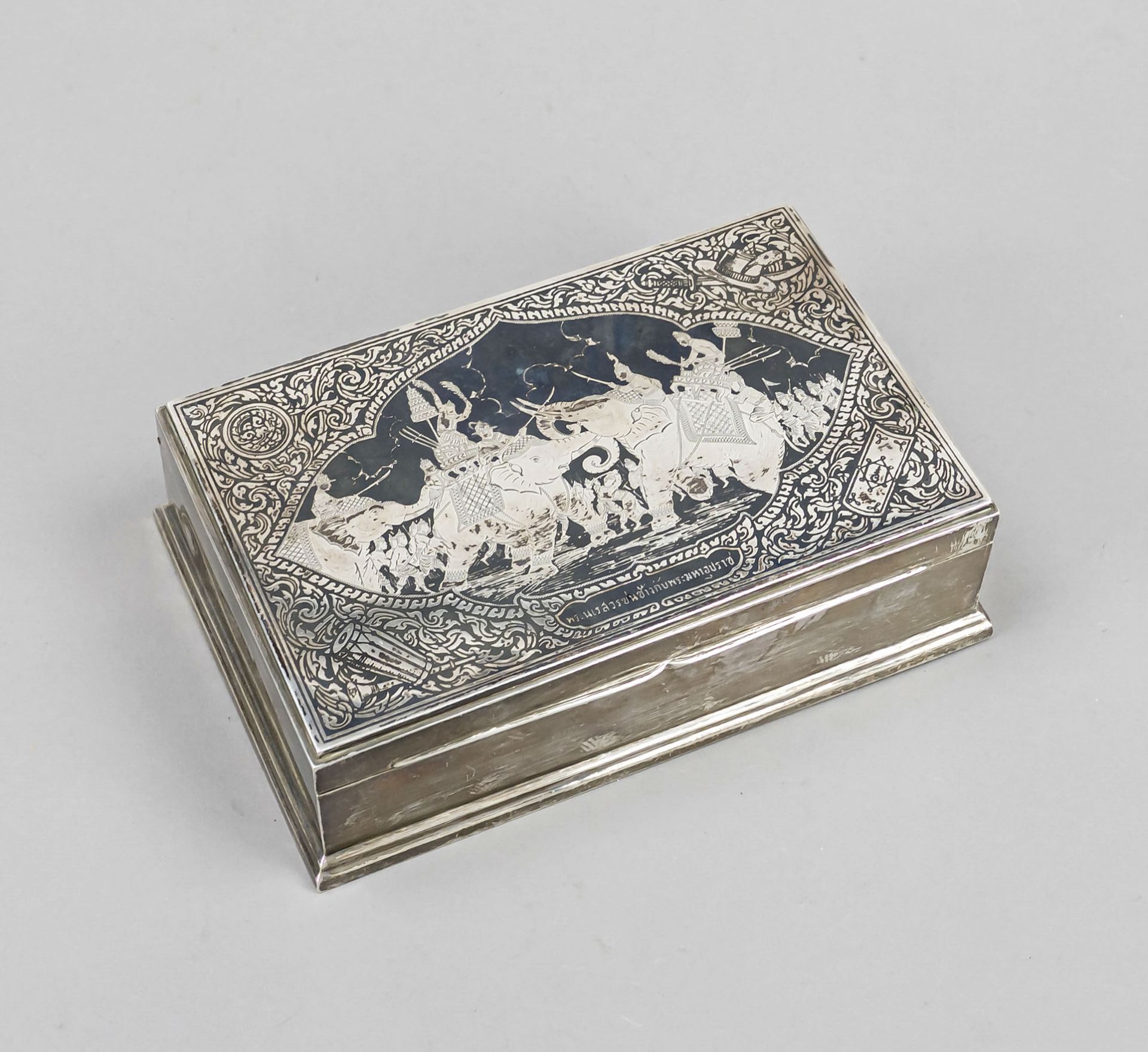 Rectangular cigar box, Siam, early 20th century, marked Thai Nakon, sterling silver 925/000,