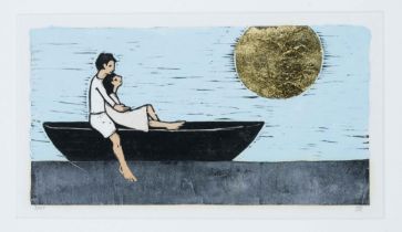 Tamara Suhr (*1968), lives and works in Ludwigsburg, Paar im Boot mit Sonne, color woodcut with gold