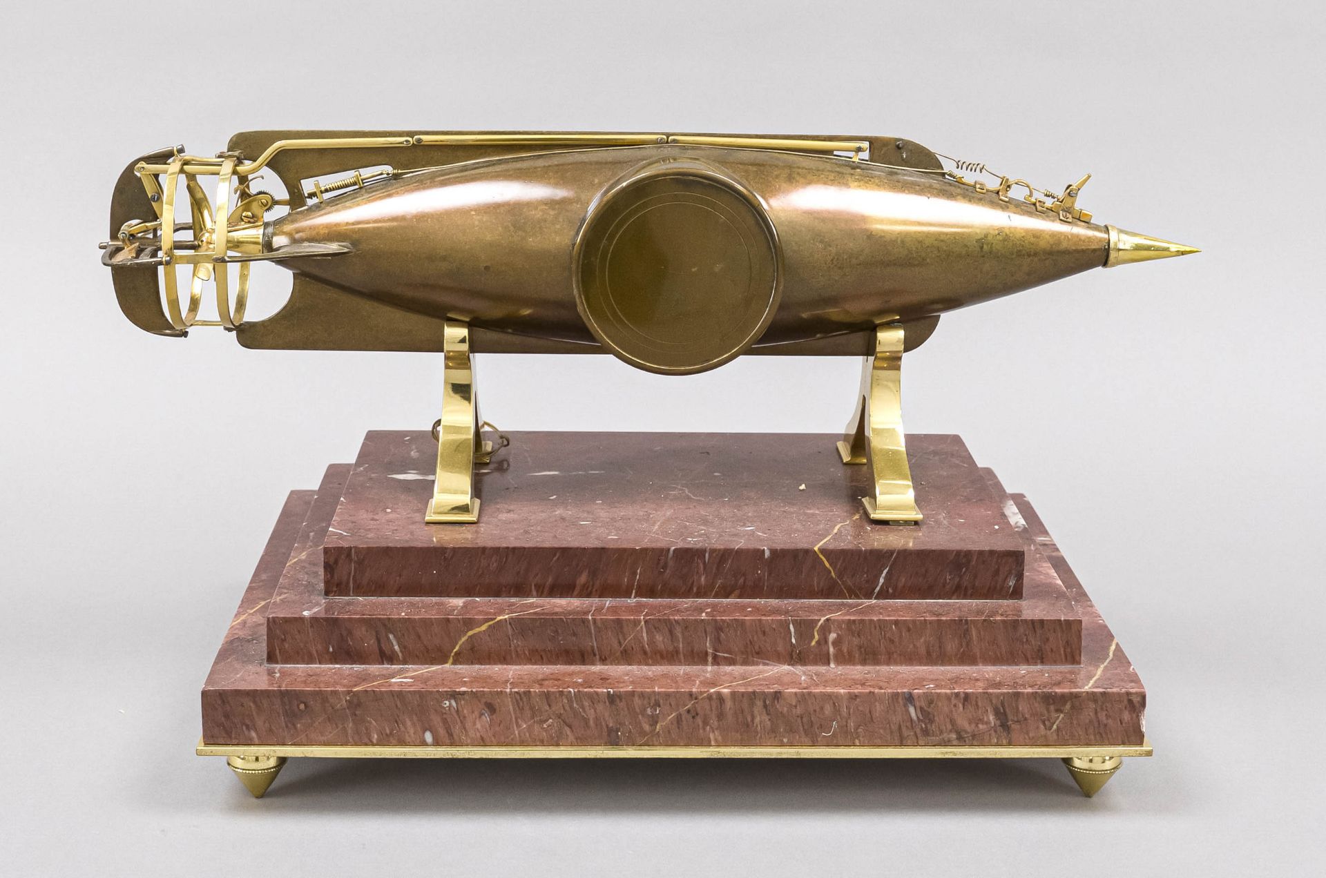 Industrial table clock, probably France, late 19th century, brass replica of a torpedo, partly - Image 2 of 3