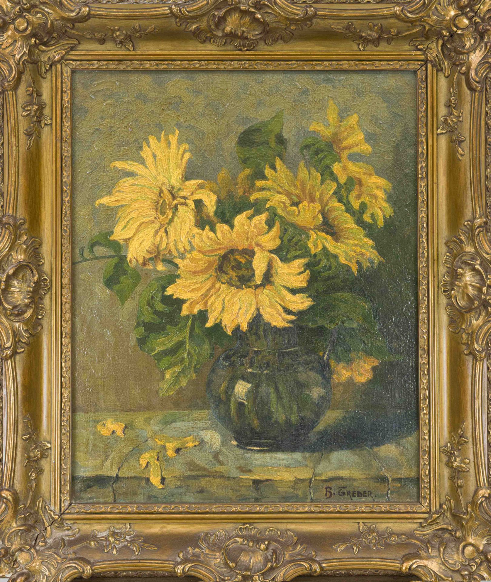 Hermann Treder (1876-?), Bouquet of Sunflowers in a Ball Vase, oil on canvas, signed lower right, 60