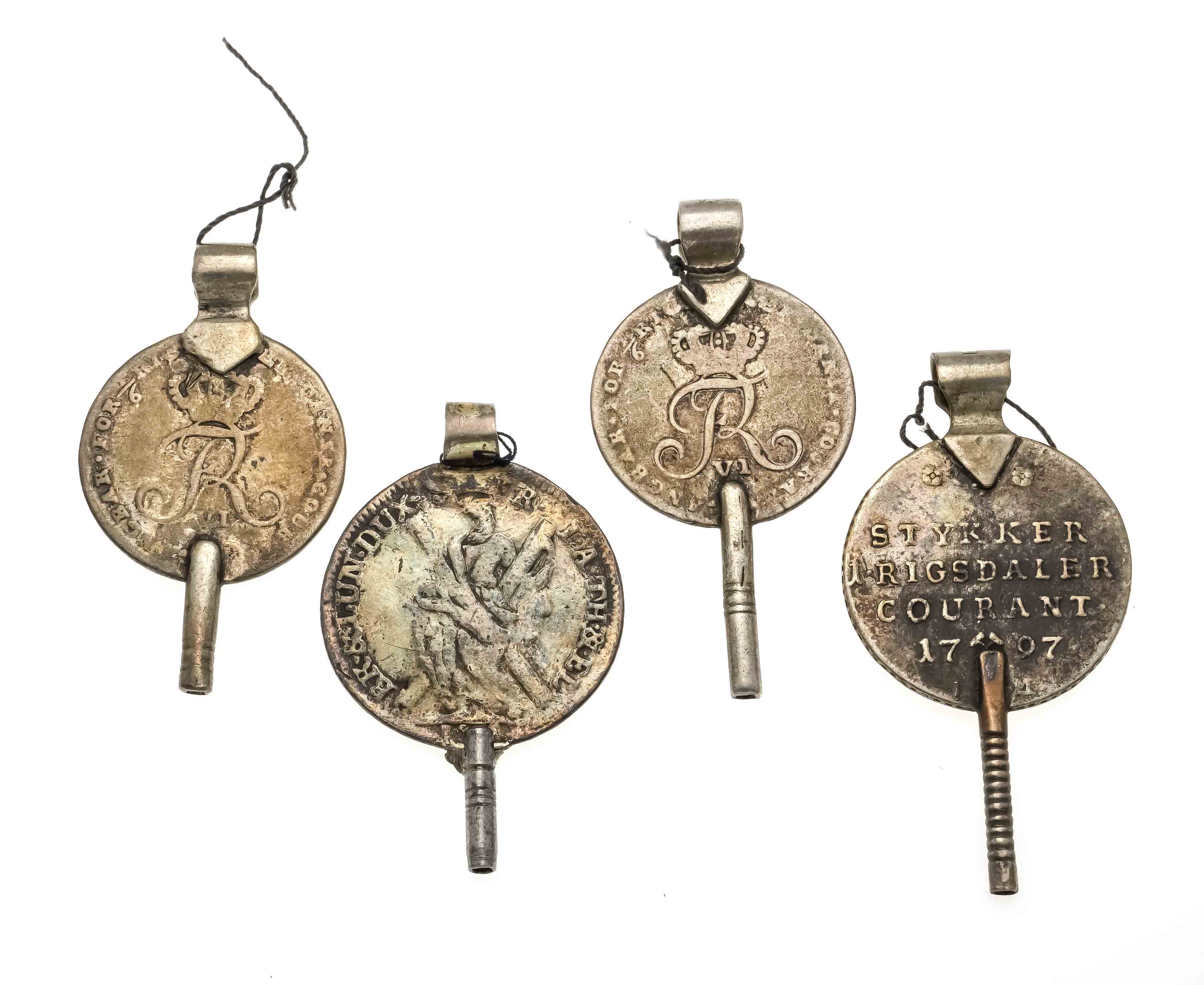 4 antique pocket watch keys with coins, around 1800, silver coins, length up to 4.5 cm