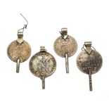 4 antique pocket watch keys with coins, around 1800, silver coins, length up to 4.5 cm
