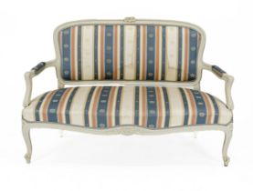 Scandinavian salon sofa, 20th century, wood painted old white, striped upholstery with stained