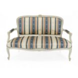 Scandinavian salon sofa, 20th century, wood painted old white, striped upholstery with stained
