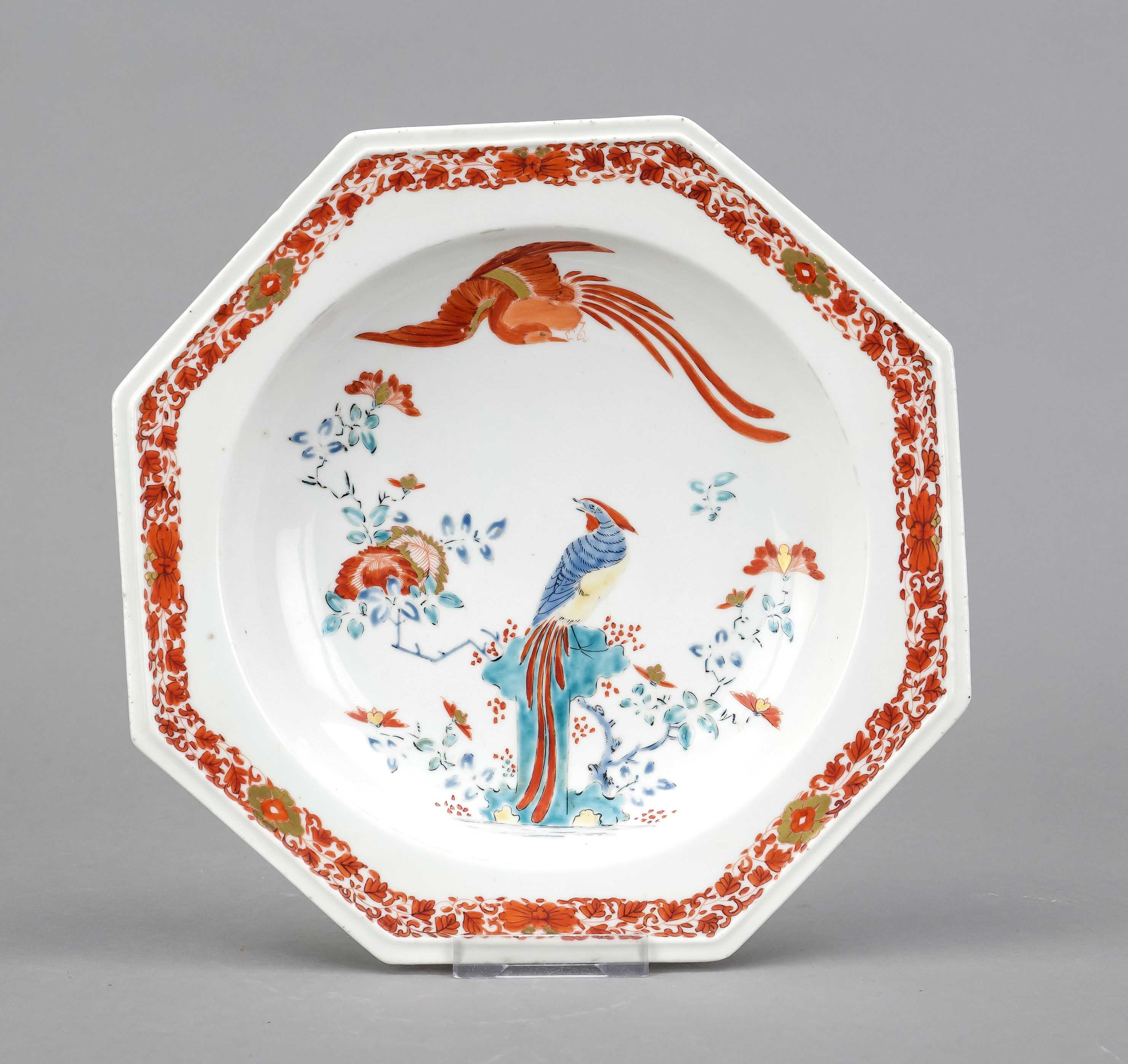 Plate, w. Chelsea or Bow, England, 18th century, octagonal shape, polychrome Kakiemon painting in