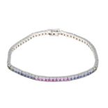 Rainbow rivière bracelet WG 750/000 with 72 sunflower-cut faceted sapphires 8.5 ct multicolor in