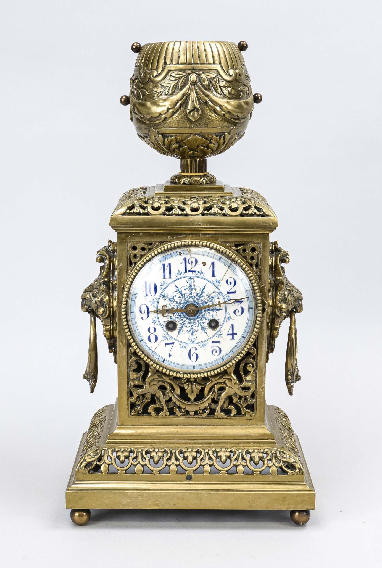 Bronze table clock, 2nd half 19th century, open-work floral design, crowned with a chalice, side