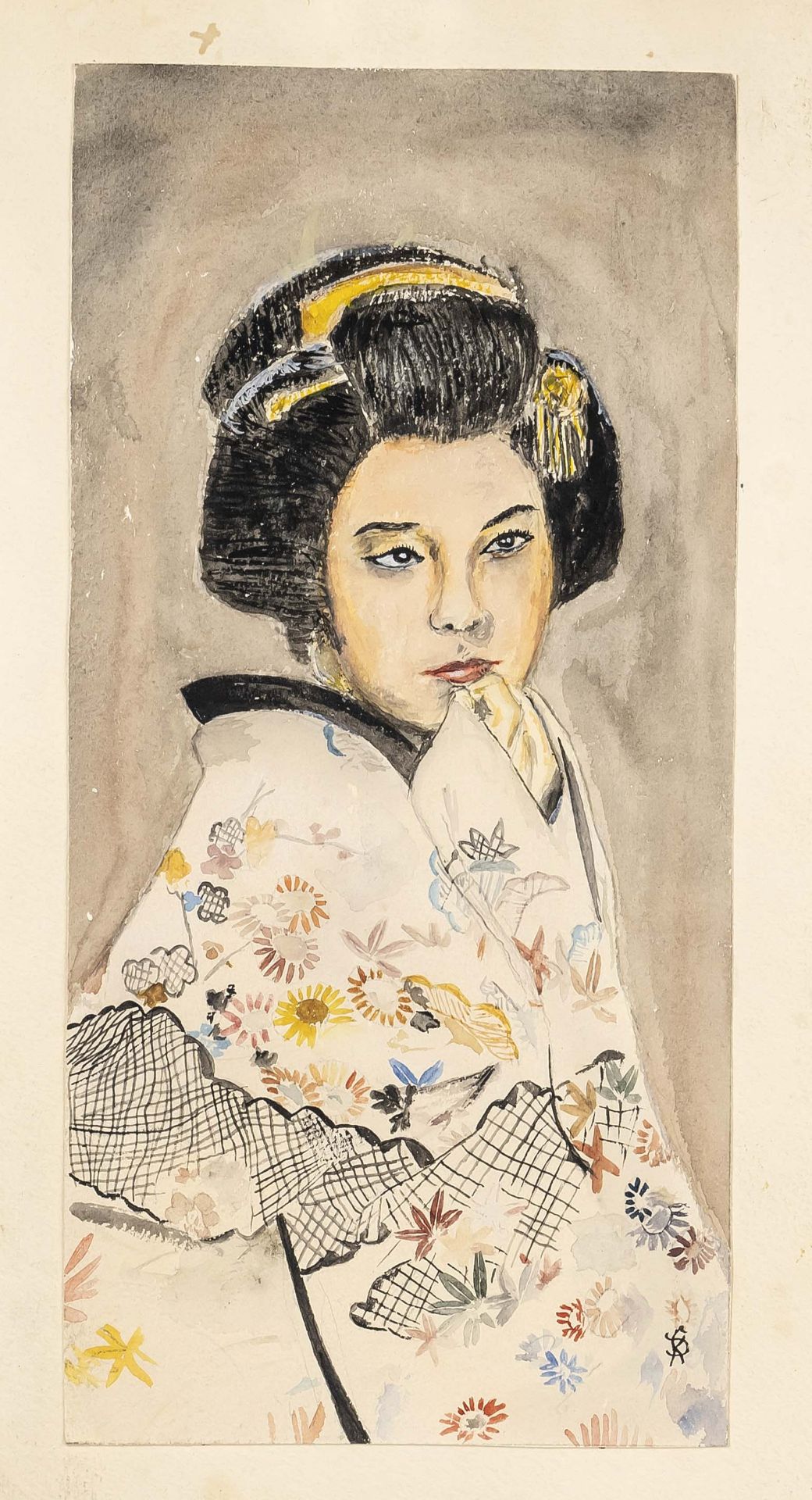 Portrait of a Geisha, Japan, 20th century, light colors on paper. Without inscription, rubbed, 40