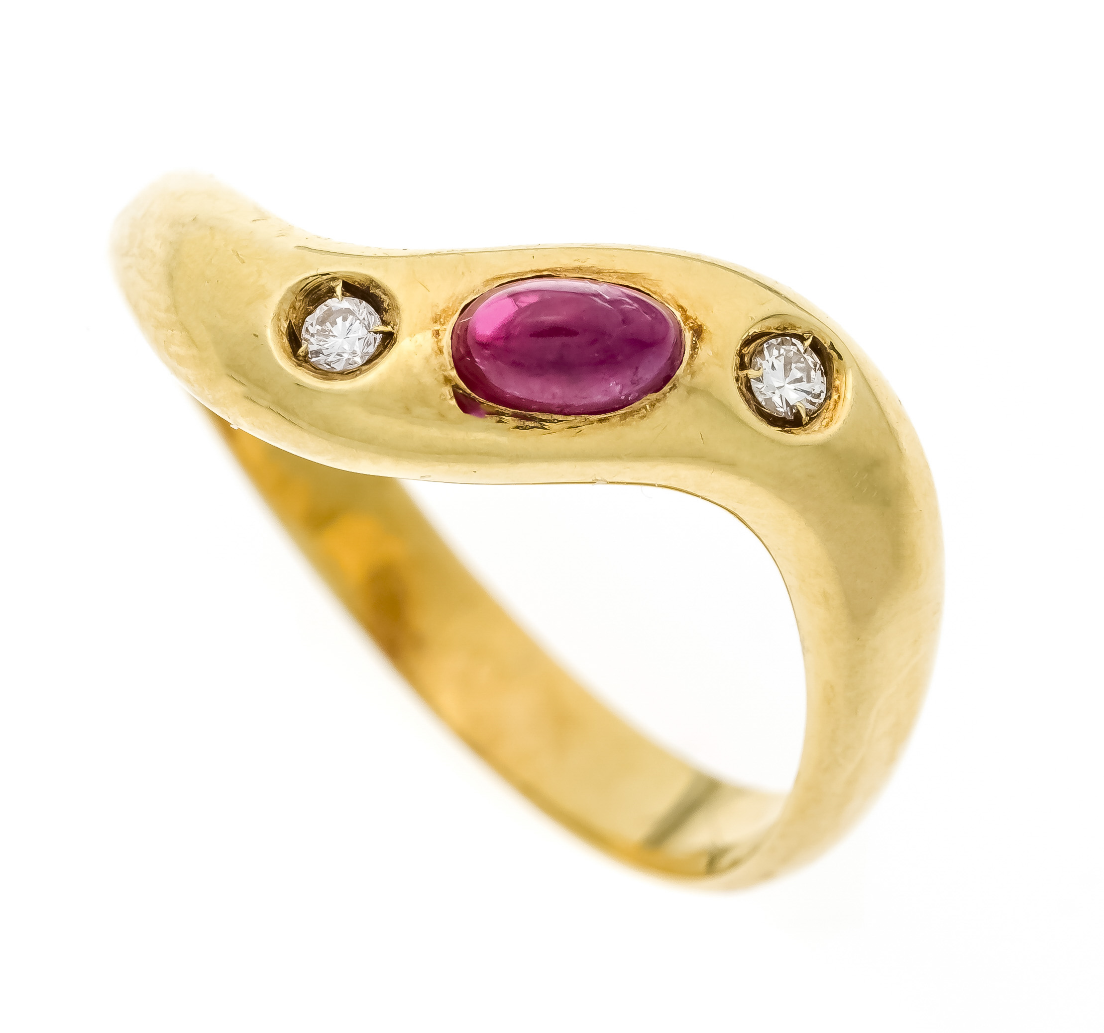 Ruby-brilliant ring GG 750/000 with an oval ruby cabochon 4.7 x 2.8 mm and 2 brilliant-cut diamonds,