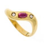 Ruby-brilliant ring GG 750/000 with an oval ruby cabochon 4.7 x 2.8 mm and 2 brilliant-cut diamonds,