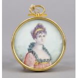 Round miniature, French 19th century, polychrome tempera painting on bone plate. Louise Hannes,