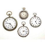 4 open pocket watches, 1 nickel 3 silver, cylinder escapement, engraved decoration, diameter 34 -