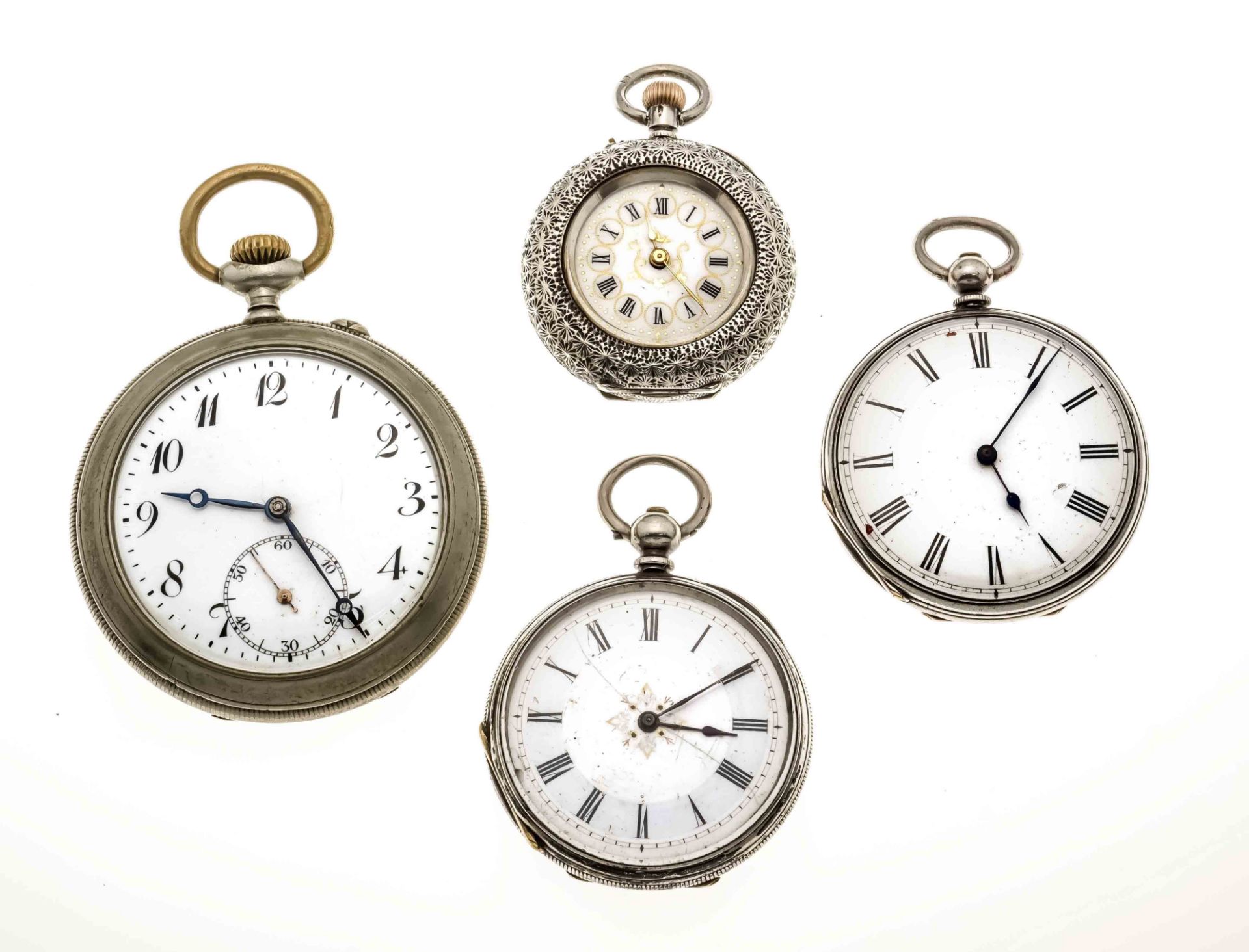 4 open pocket watches, 1 nickel 3 silver, cylinder escapement, engraved decoration, diameter 34 -