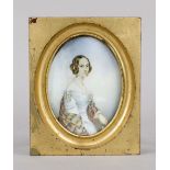 Large miniature, 19th century, polychrome tempera painting on bone panel, unopened, oval portrait of