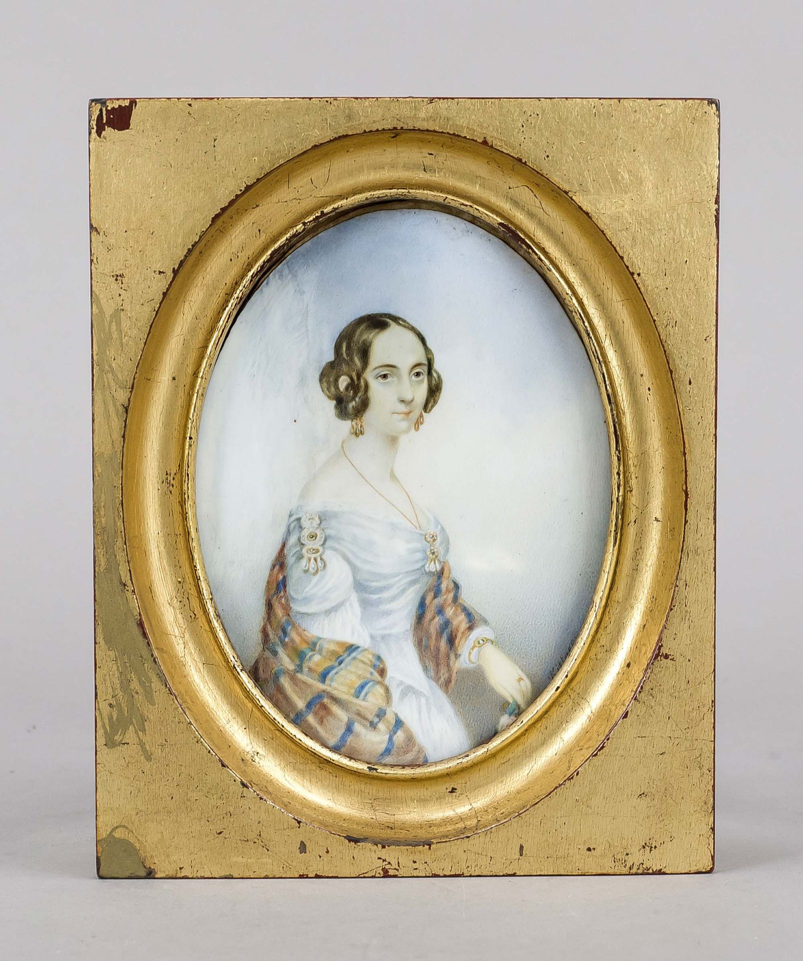 Large miniature, 19th century, polychrome tempera painting on bone panel, unopened, oval portrait of