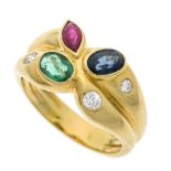 Bucherer multicolor ring, GG 750/000, each with an oval faceted sapphire and emerald 5.8 x 4.2 mm in