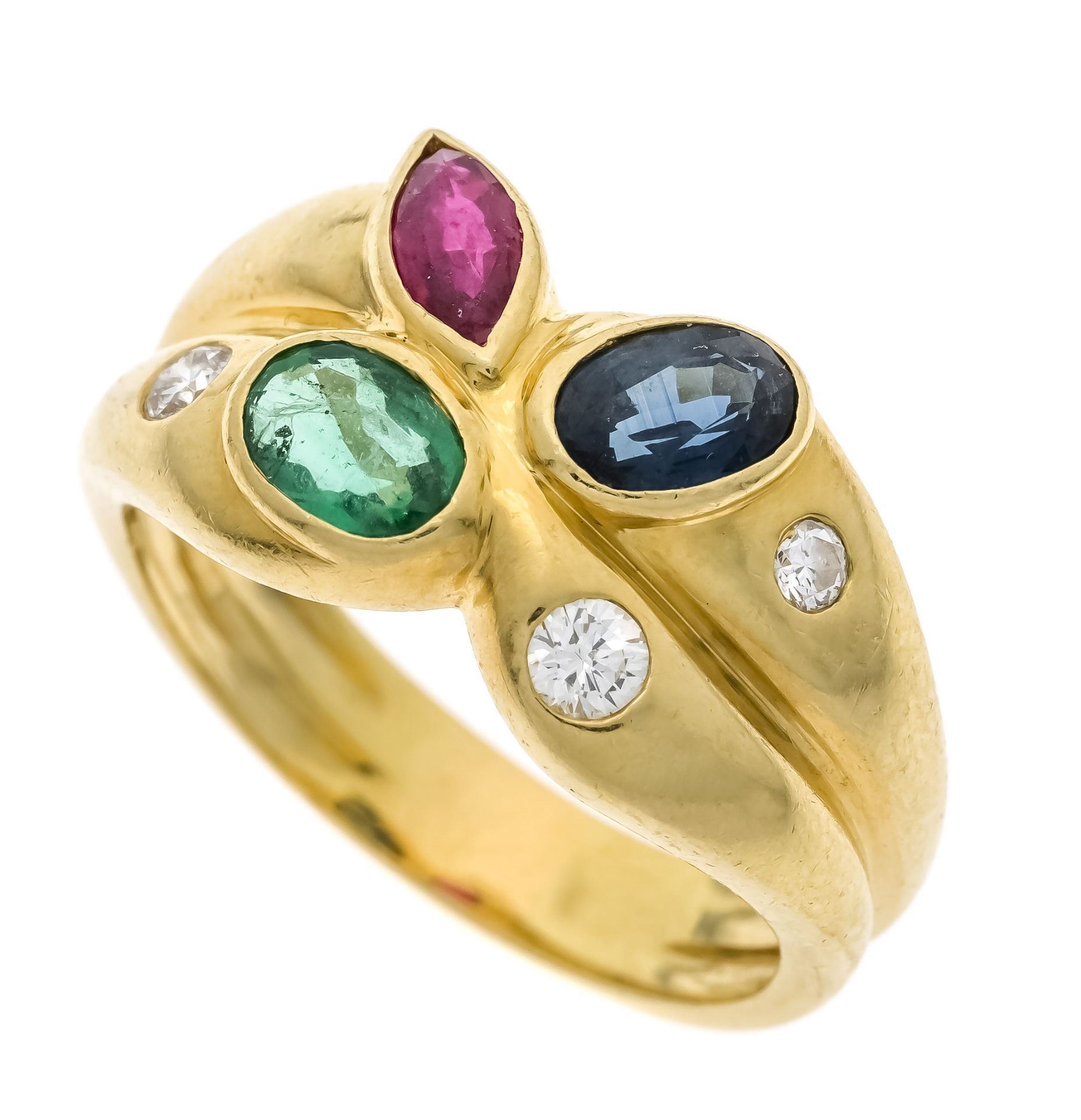 Bucherer multicolor ring, GG 750/000, each with an oval faceted sapphire and emerald 5.8 x 4.2 mm in