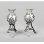 Pair of shakers, East Asia, 20th century, silver 950/000, on 3 legs, spherical body, fluted wall