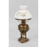 Kerosene lamp, late 19th century, brass/copper. Attached shade of frosted glass with polychrome