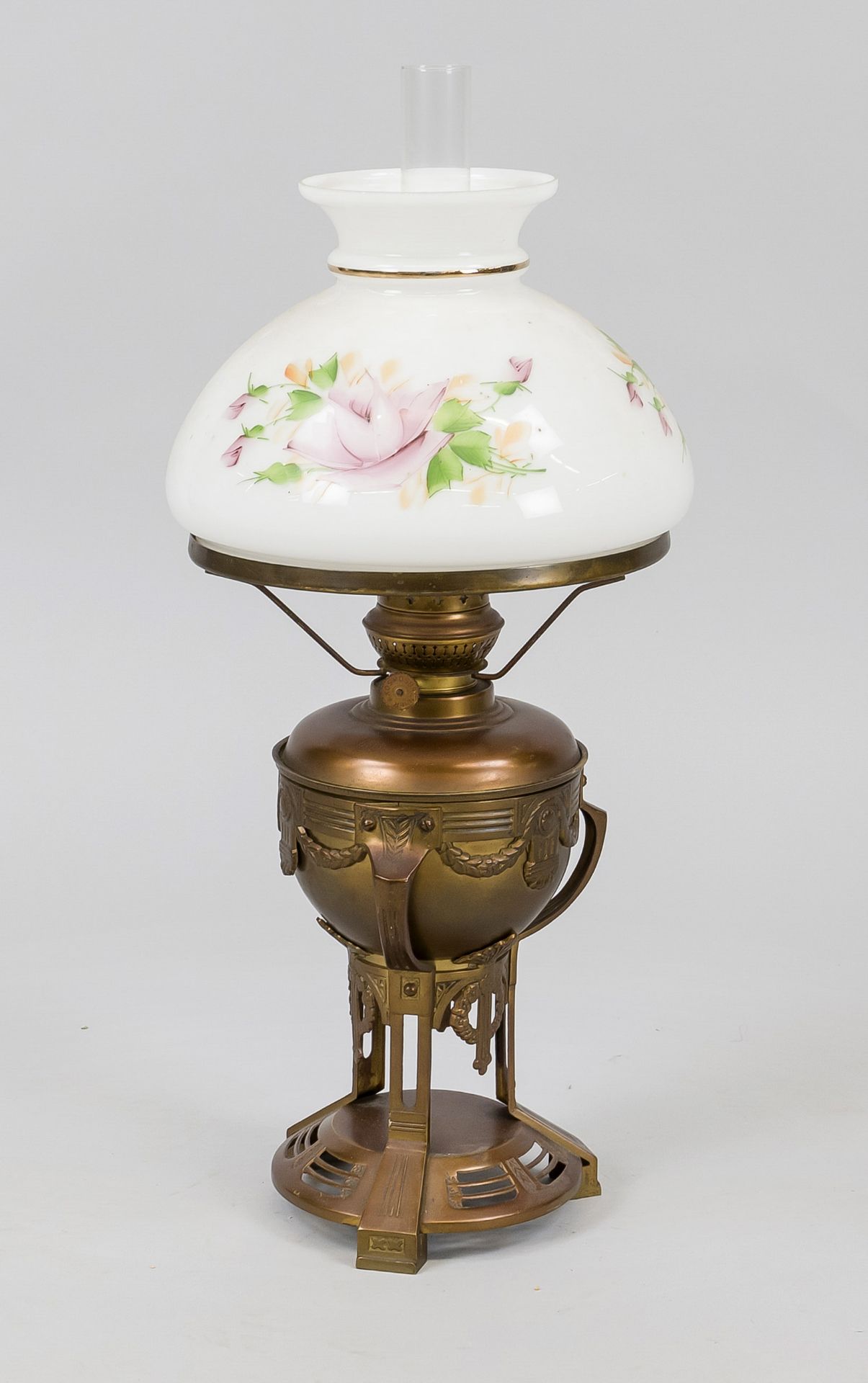 Kerosene lamp, late 19th century, brass/copper. Attached shade of frosted glass with polychrome