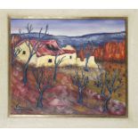 Probably Greek painter of the 20th century, expressive landscape with country house and sparse
