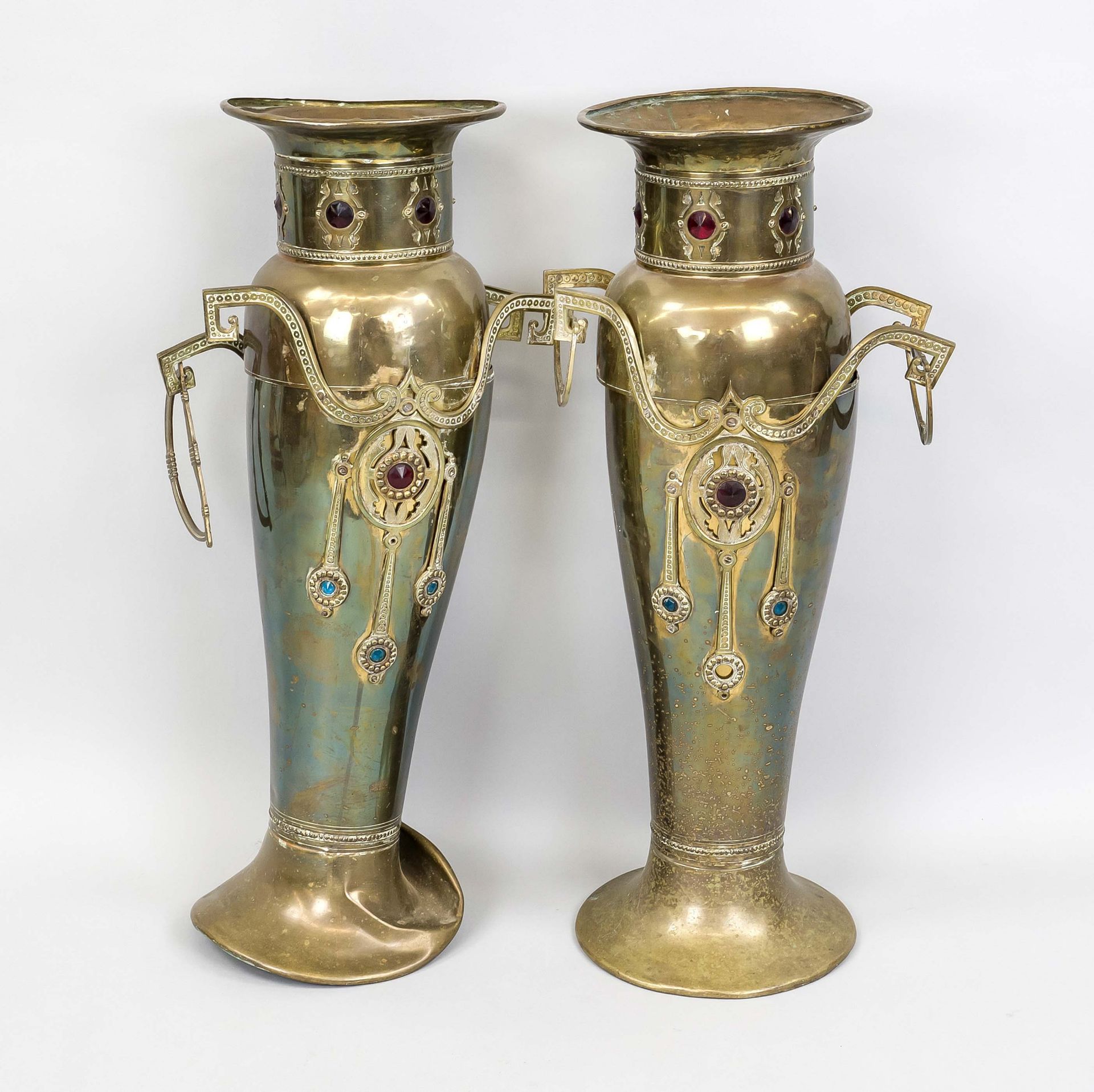 Pair of cachepo vases, late 19th century, brass and faceted glass stones, rubbed, bumped and dented,