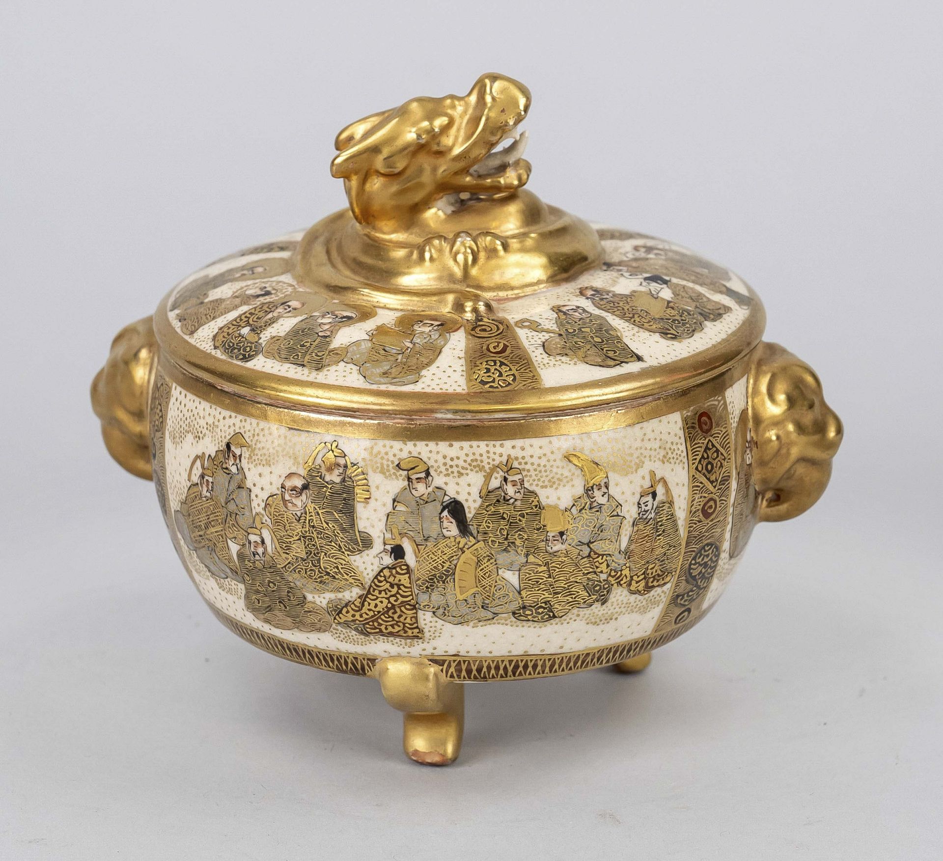 Satsuma lidded jar, Japan, c. 1900, porcelain with ivory-colored glaze and fine craquelure, gold