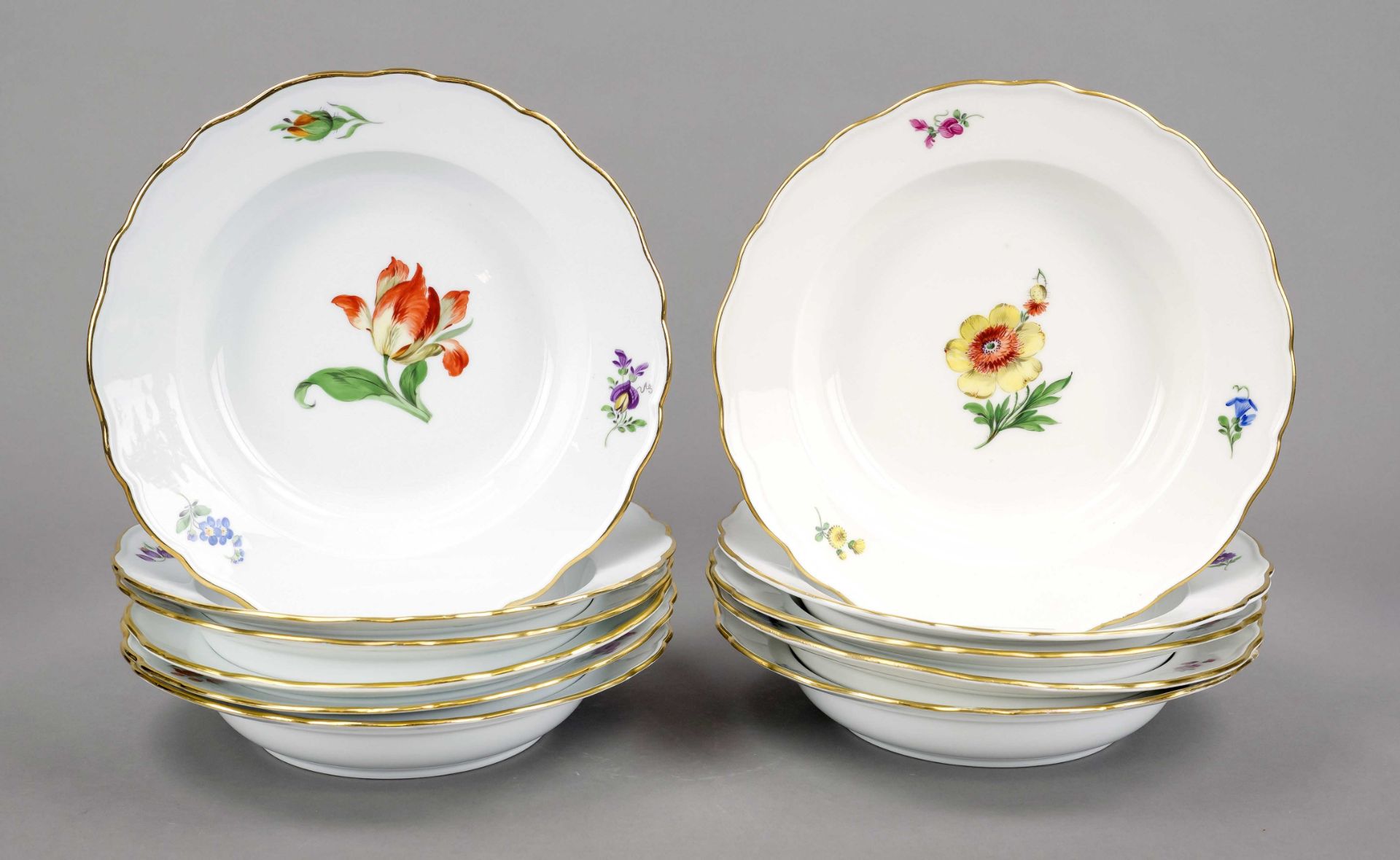 Eleven soup plates, Meissen, 20th century, Deputat, New Cut-out shape, polychrome flower painting,